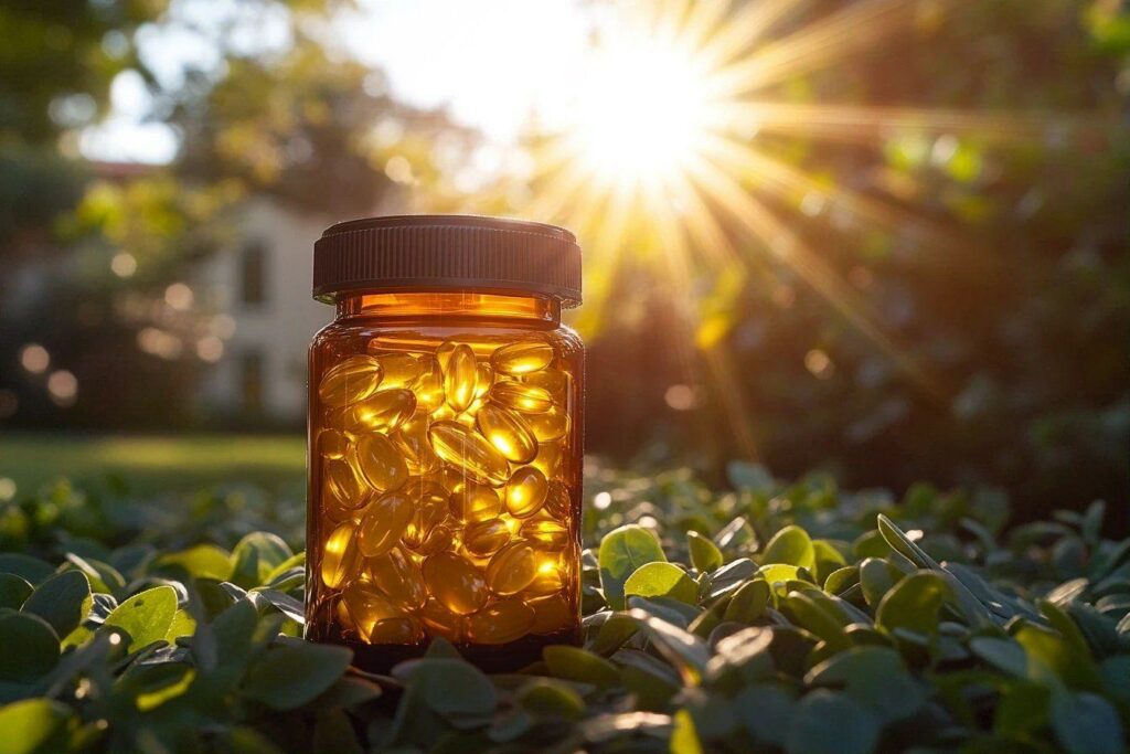 Pot de compléments lumineux dans un jardin verdoyant