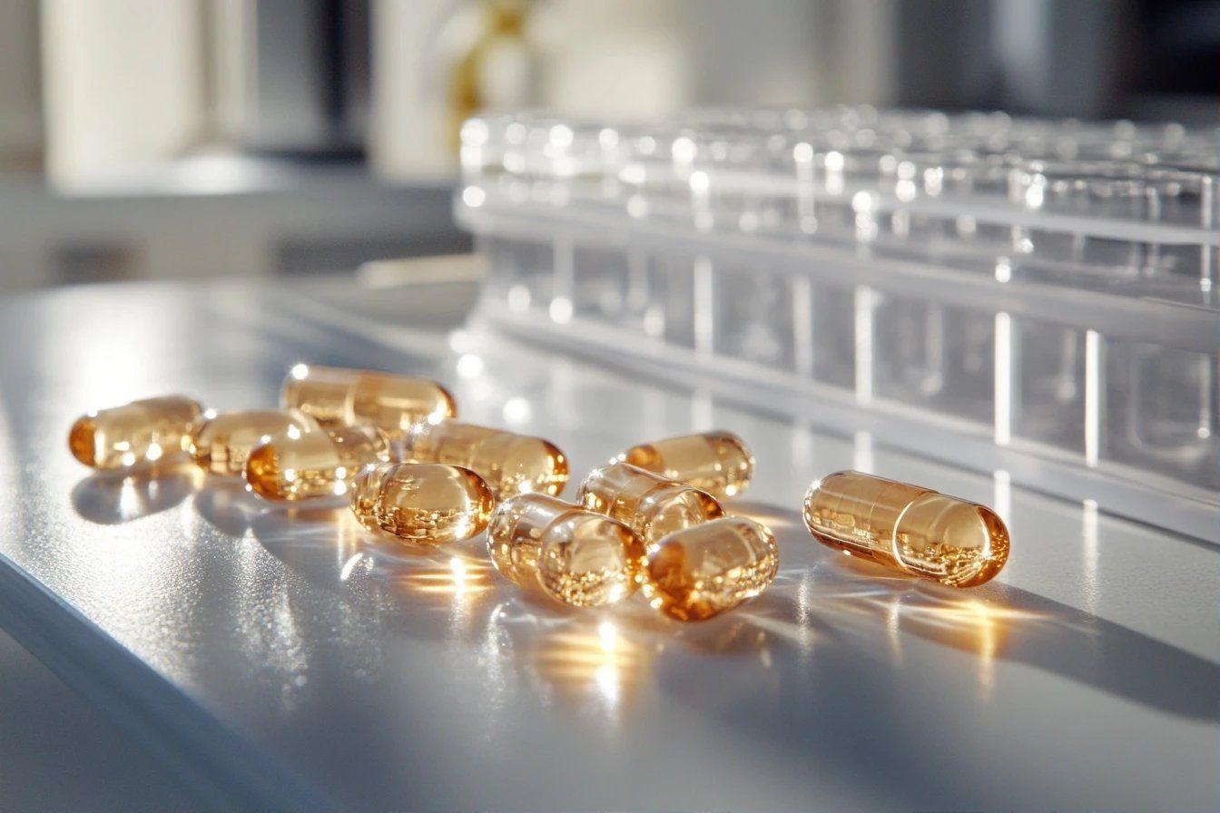 Gélules pharmaceutiques ambrées brillantes près de supports transparents