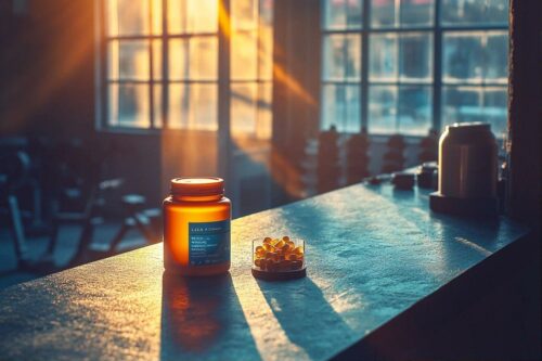 Pot de suppléments et capsules dorées dans la lumière du matin