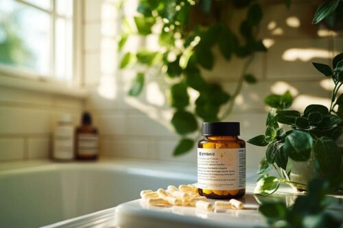 Bouteille de médicaments et pilules sur un comptoir lumineux