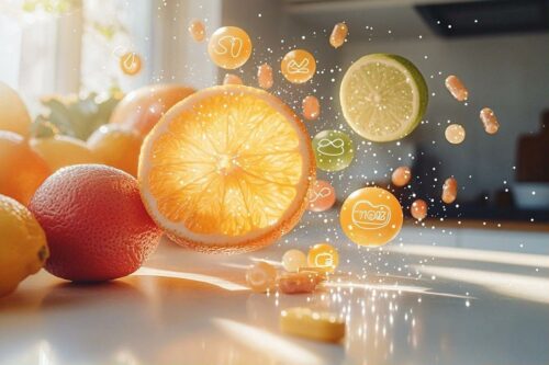 Oranges et citrons en explosion avec des gouttes scintillantes