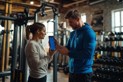 Entraîneur montrant un écran de téléphone à une cliente dans un gymnase
