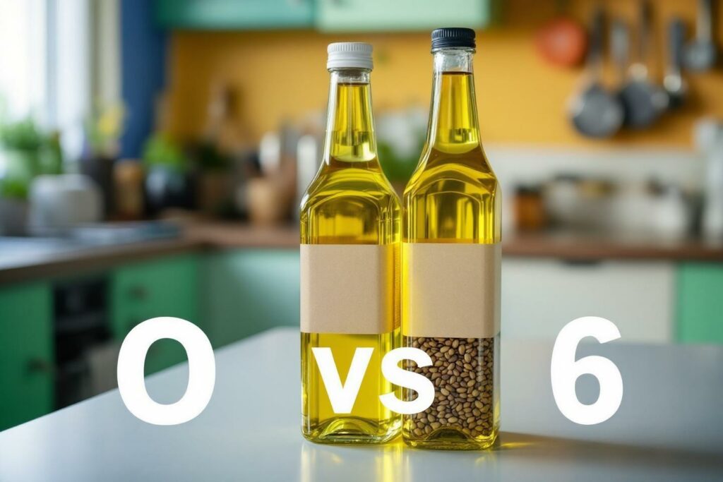 Deux bouteilles d'huile jaune avec graines et texte 0 VS 6