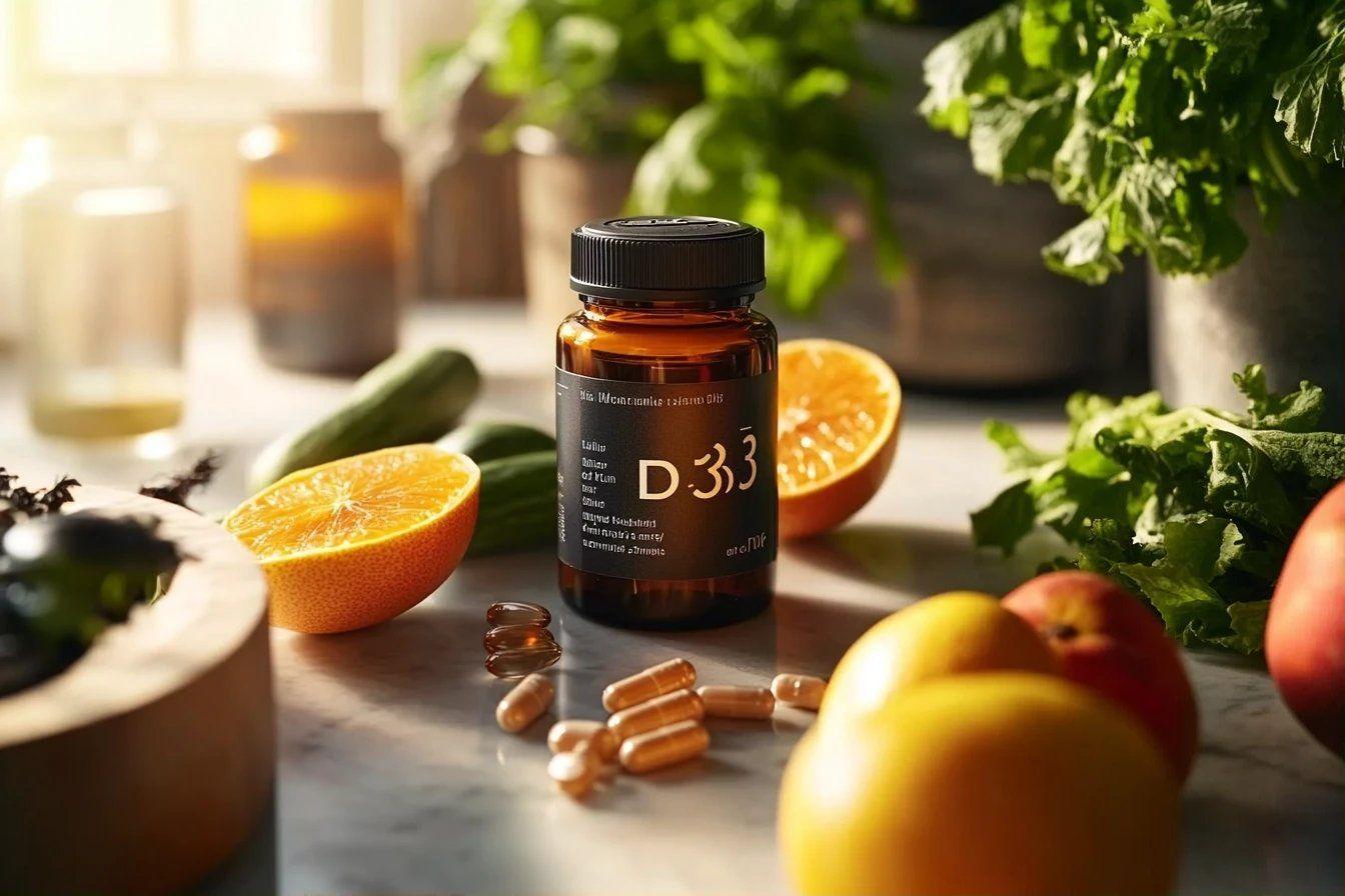 Bouteille de pilules D33 entourée de fruits et légumes frais