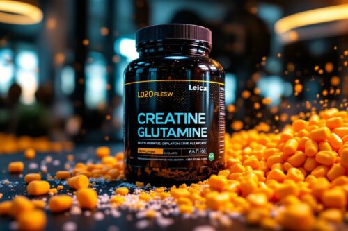 Bouteille de supplément nutritif entourée de capsules oranges