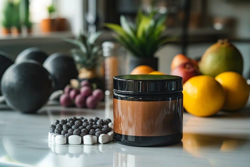 Pot noir, pilules et fruits sur comptoir de cuisine