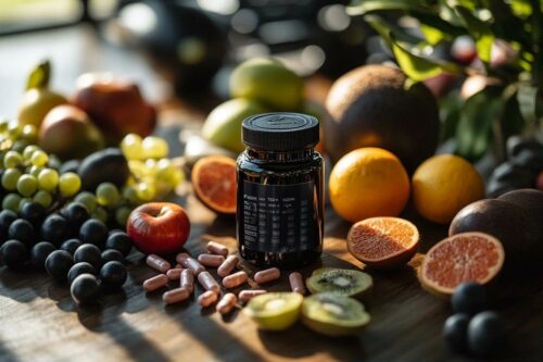 Bouteille de pilules entourée de fruits colorés et mûrs