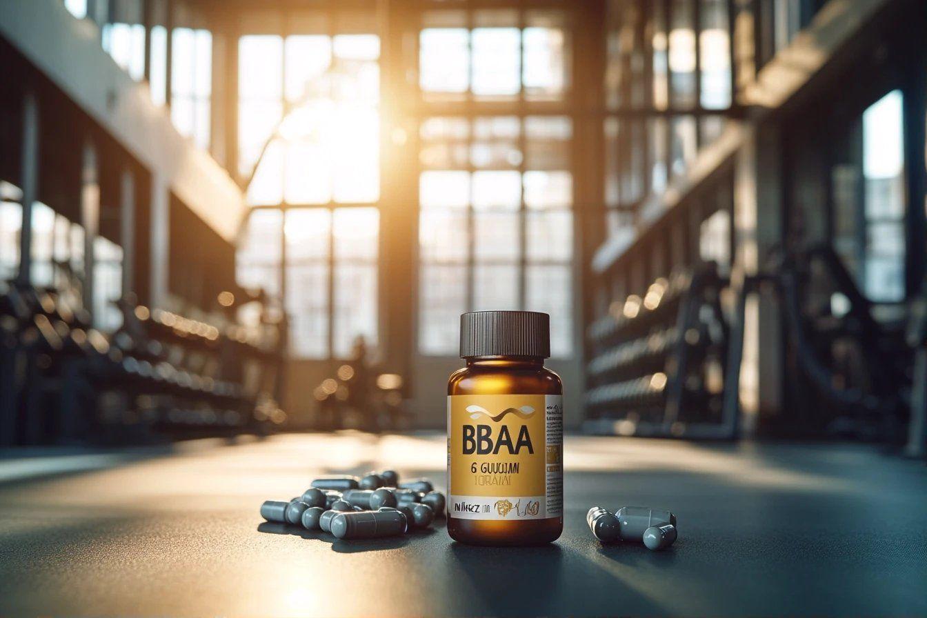 Bouteille et capsules de BBAA sur fond de salle d'entraînement