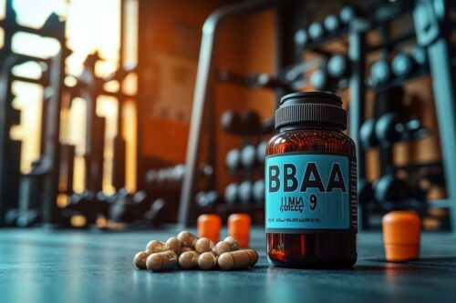 Bouteille de BBAA et capsules sur surface bleu-gris