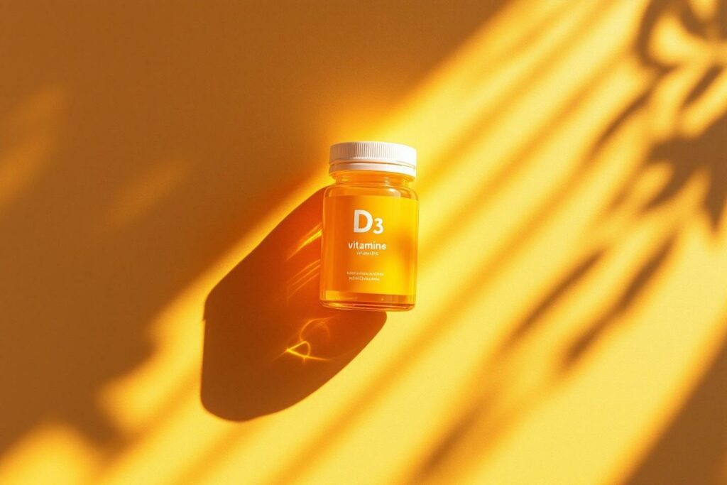 Bouteille de vitamine D3 sur fond jaune doré