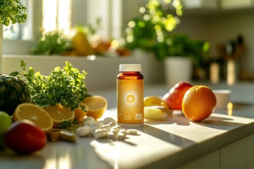 Bouteille de compléments entourée de fruits et de plantes vertes