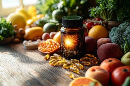 Capsules dorées entourées de fruits frais sur table en bois