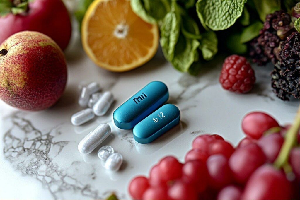 Pilules bleues et blanches entourées de fruits frais et colorés