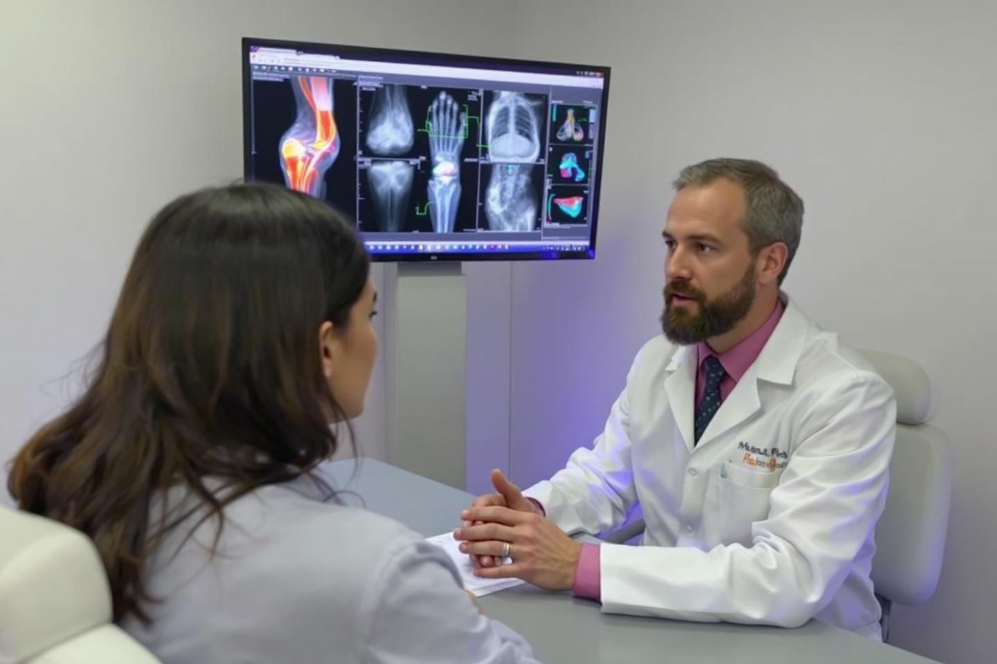 Médecin discutant avec patient devant écran de radiographies
