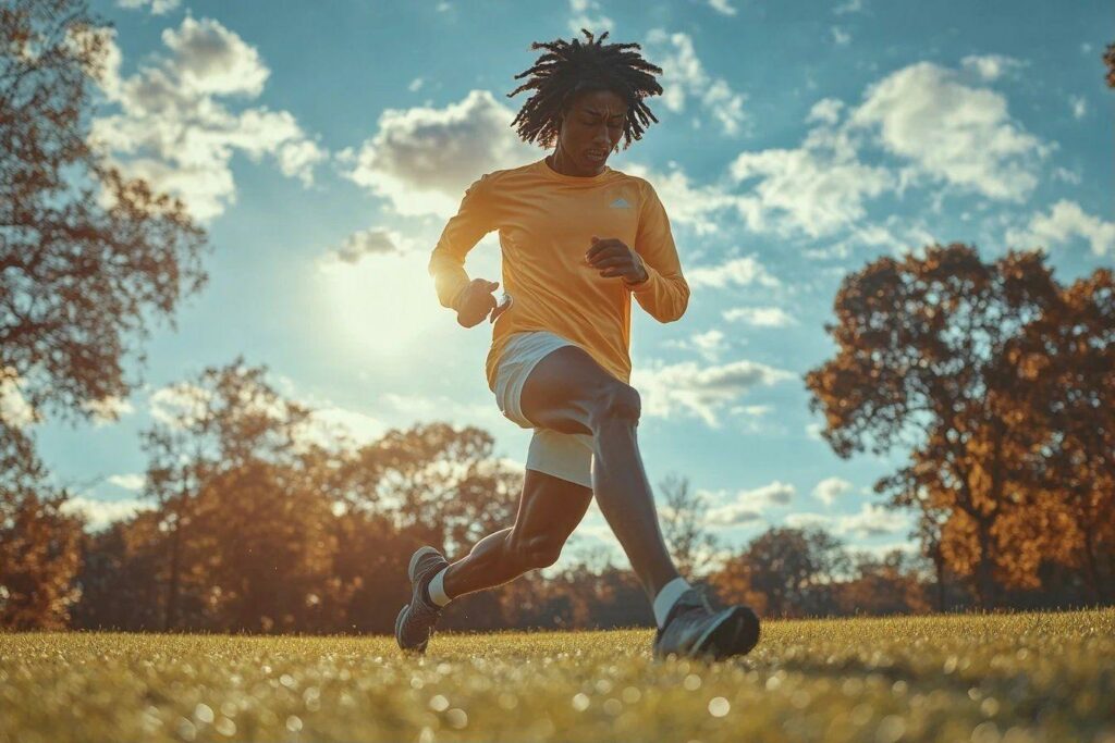 Sportif en jaune courant dans un champ herbeux ensoleillé