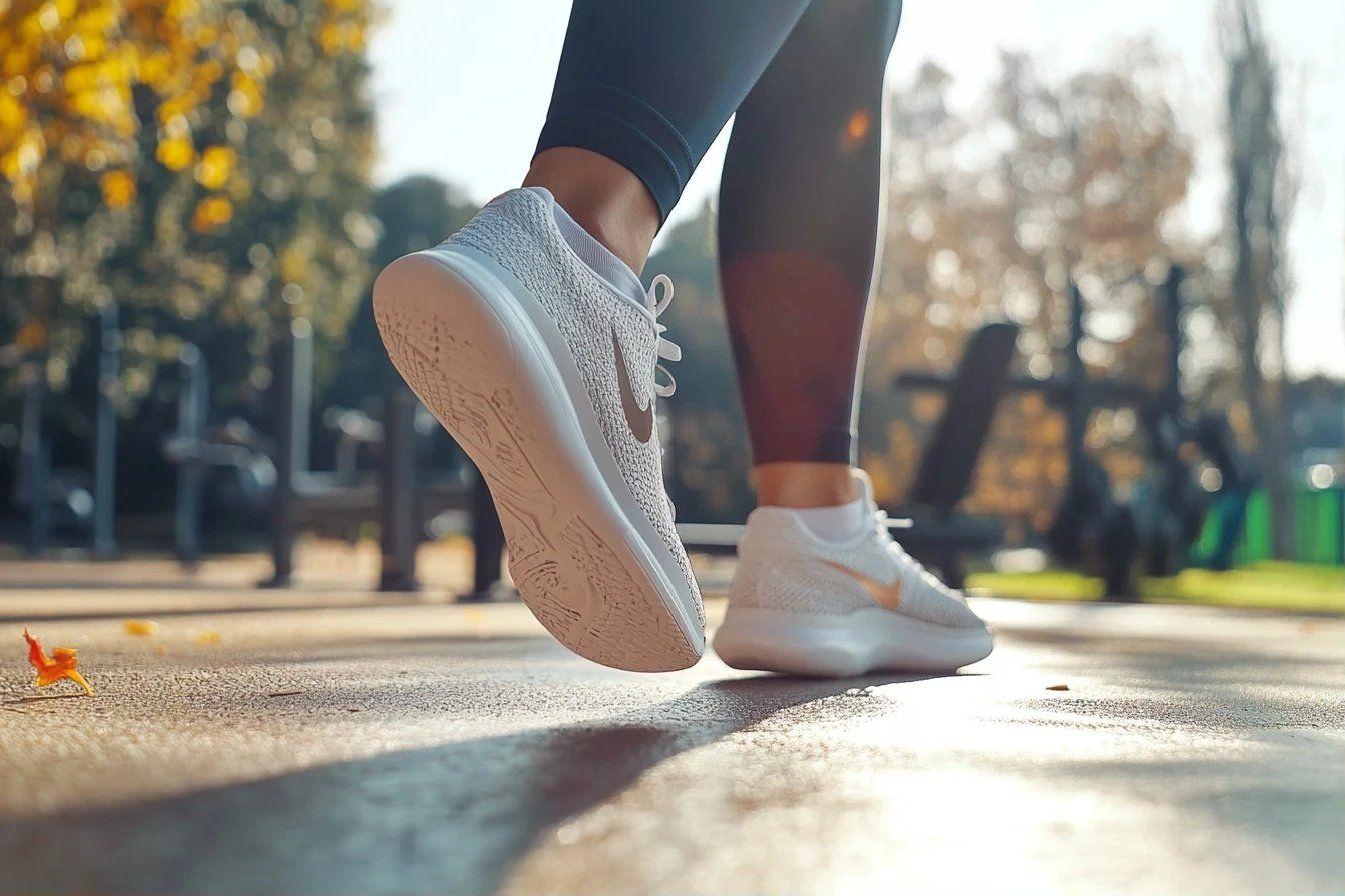 Chaussures de sport blanches sur un trottoir en automne