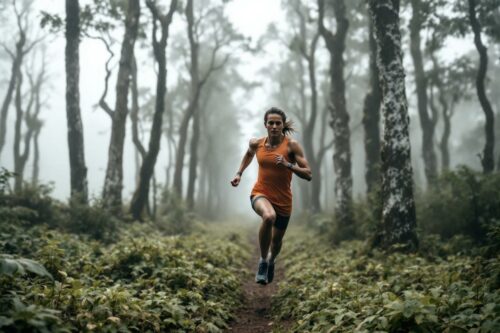 Athlète en orange courant sur un sentier forestier brumeux