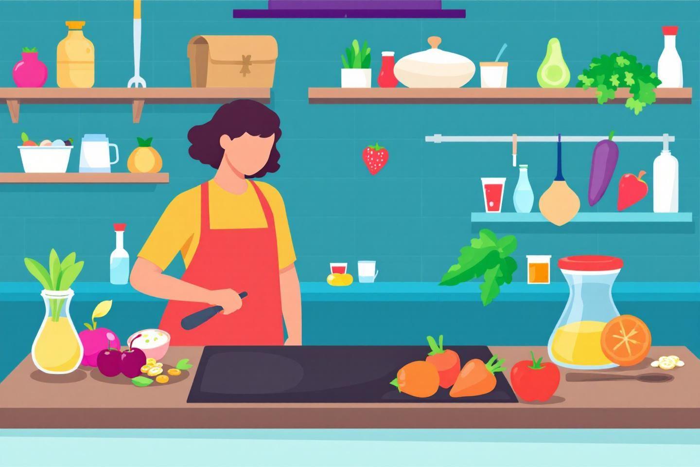 Cuisinière dans une cuisine moderne entourée d'ingrédients colorés