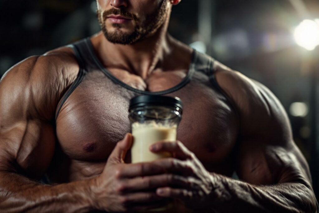 Torse musclé tenant un verre de protéine après séance