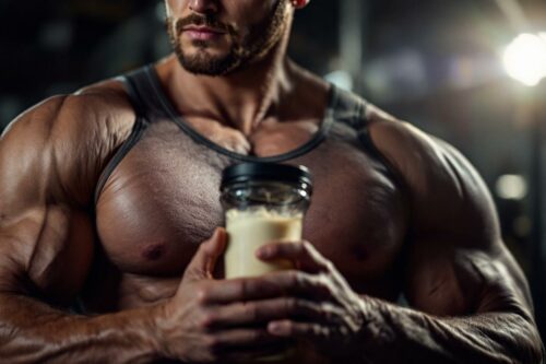 Torse musclé tenant un verre de protéine après séance