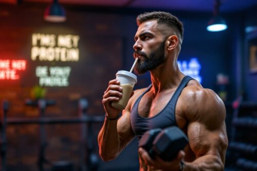 Homme sportif en débardeur noir, buvant un smoothie au gymnase
