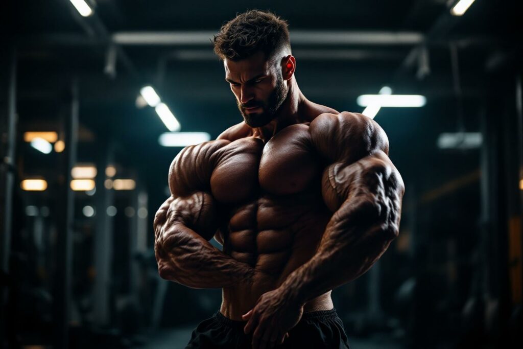 Athlète bodybuilder posant avec des muscles définis dans un gymnase sombre