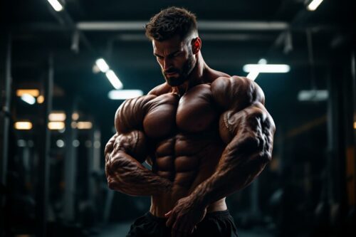 Athlète bodybuilder posant avec des muscles définis dans un gymnase sombre