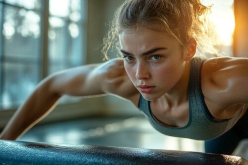 Athlète concentrée en position de musculation, lumière dramatique