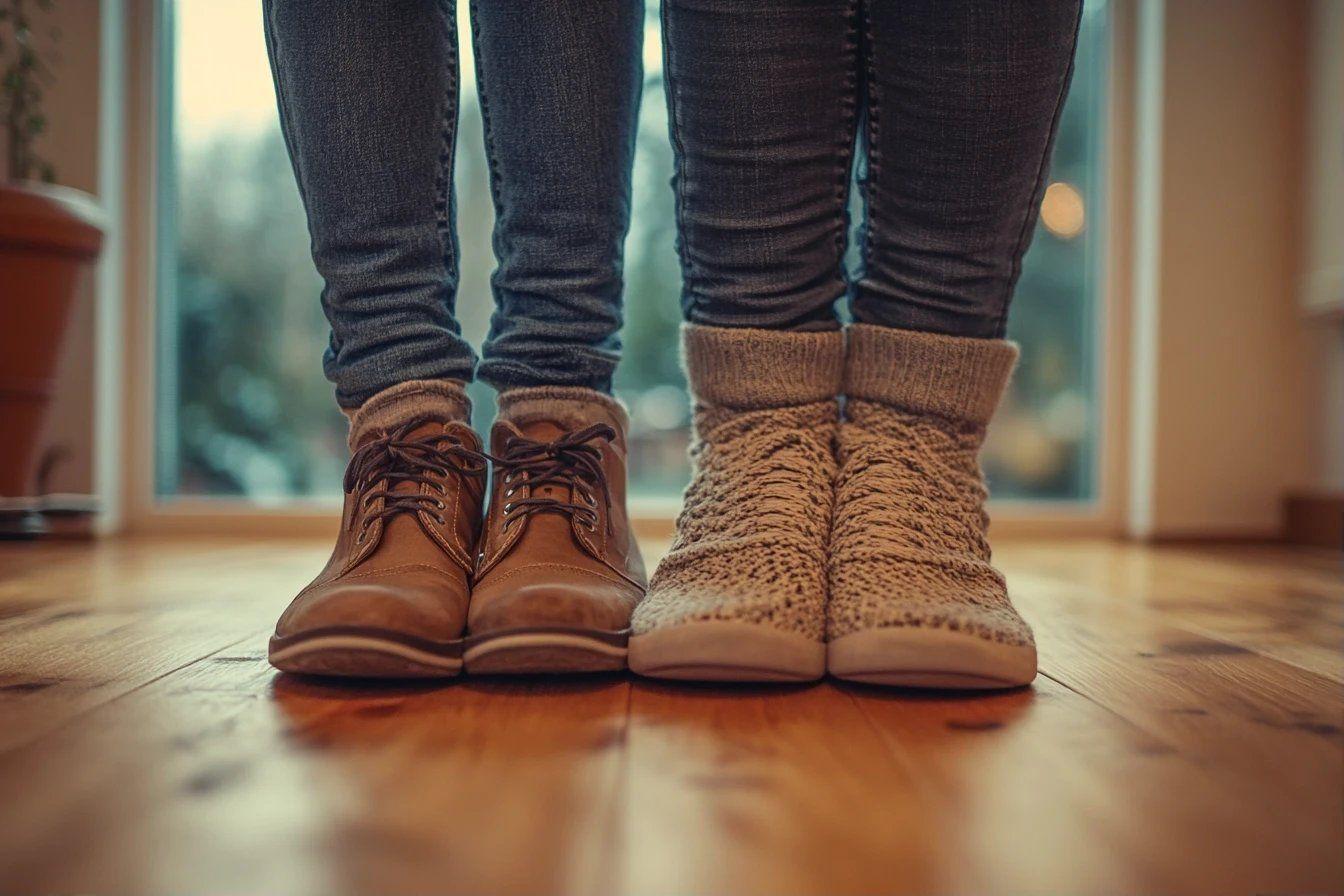 Bottes en cueur brunes et chaussons tricotés sur un parquet