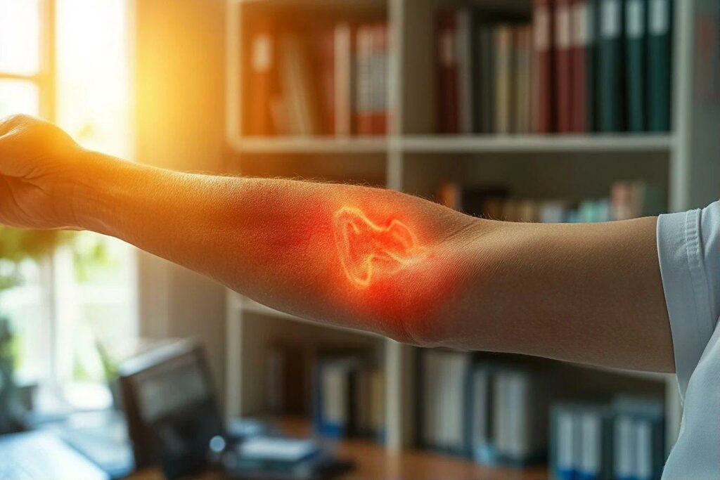 Bras avec zone de douleur rouge surligné par effet numérique