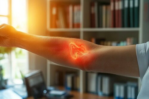 Bras avec zone de douleur rouge surligné par effet numérique