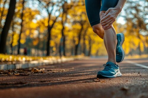 Coureur se tenant le mollet sur un chemin d'automne