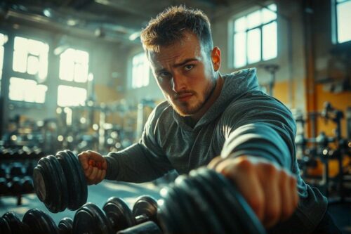Athlète concentré soulevant des haltères dans un gymnase lumineux