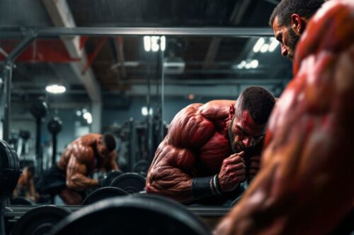 Bodybuilder musclé concentré lors d'un entraînement intense