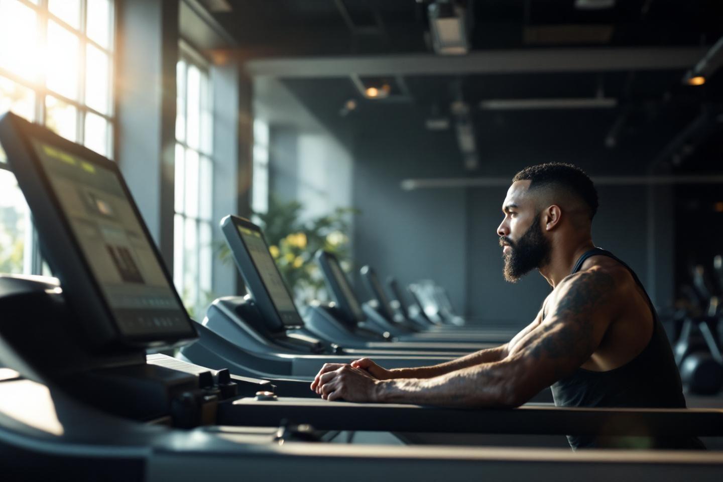 Homme athlétique sur tapis roulant dans une salle moderne
