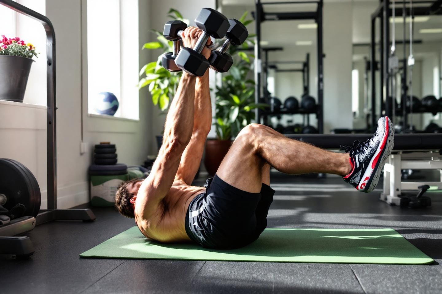 Homme musclé faisant des abdos avec des haltères sur tapis vert