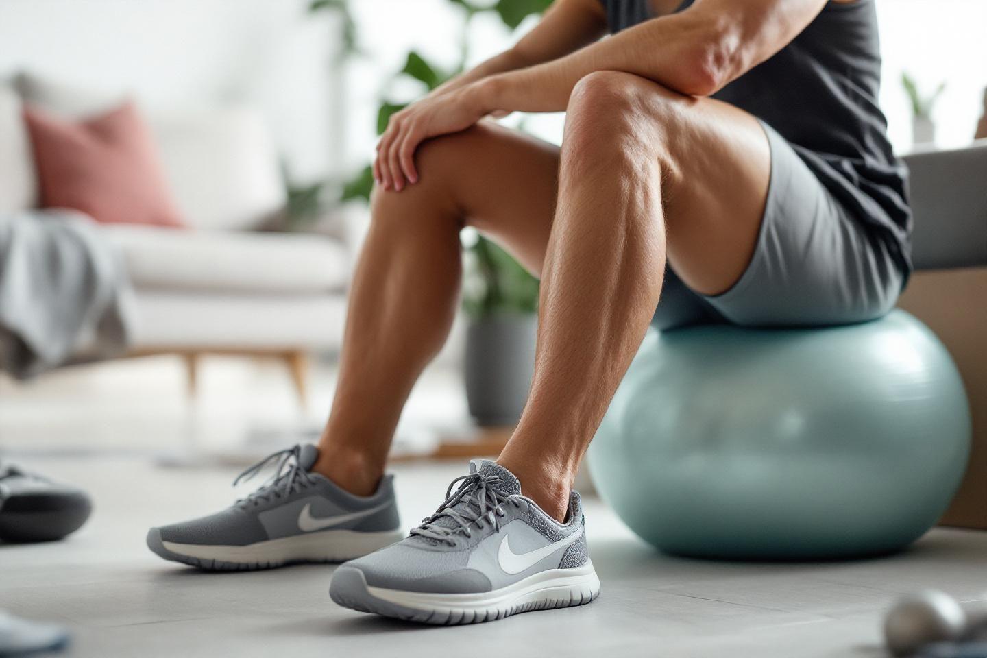 Jambes de sportif sur ballon d'exercice dans salon