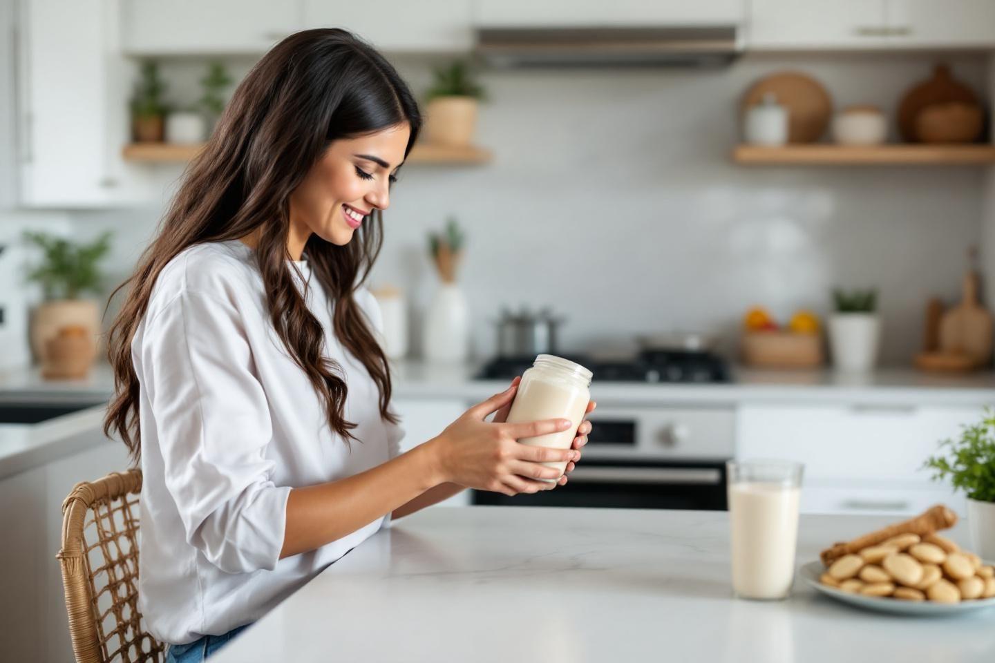 Femme souriante tenant un bocal de boisson dans la cuisine