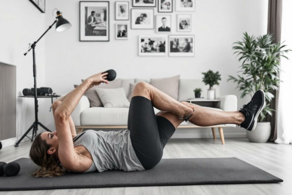 Séance de fitness à domicile sur un tapis de sol gris