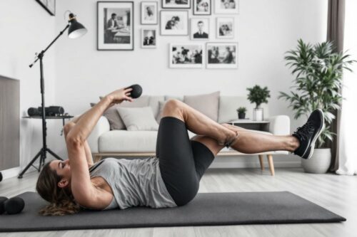 Séance de fitness à domicile sur un tapis de sol gris