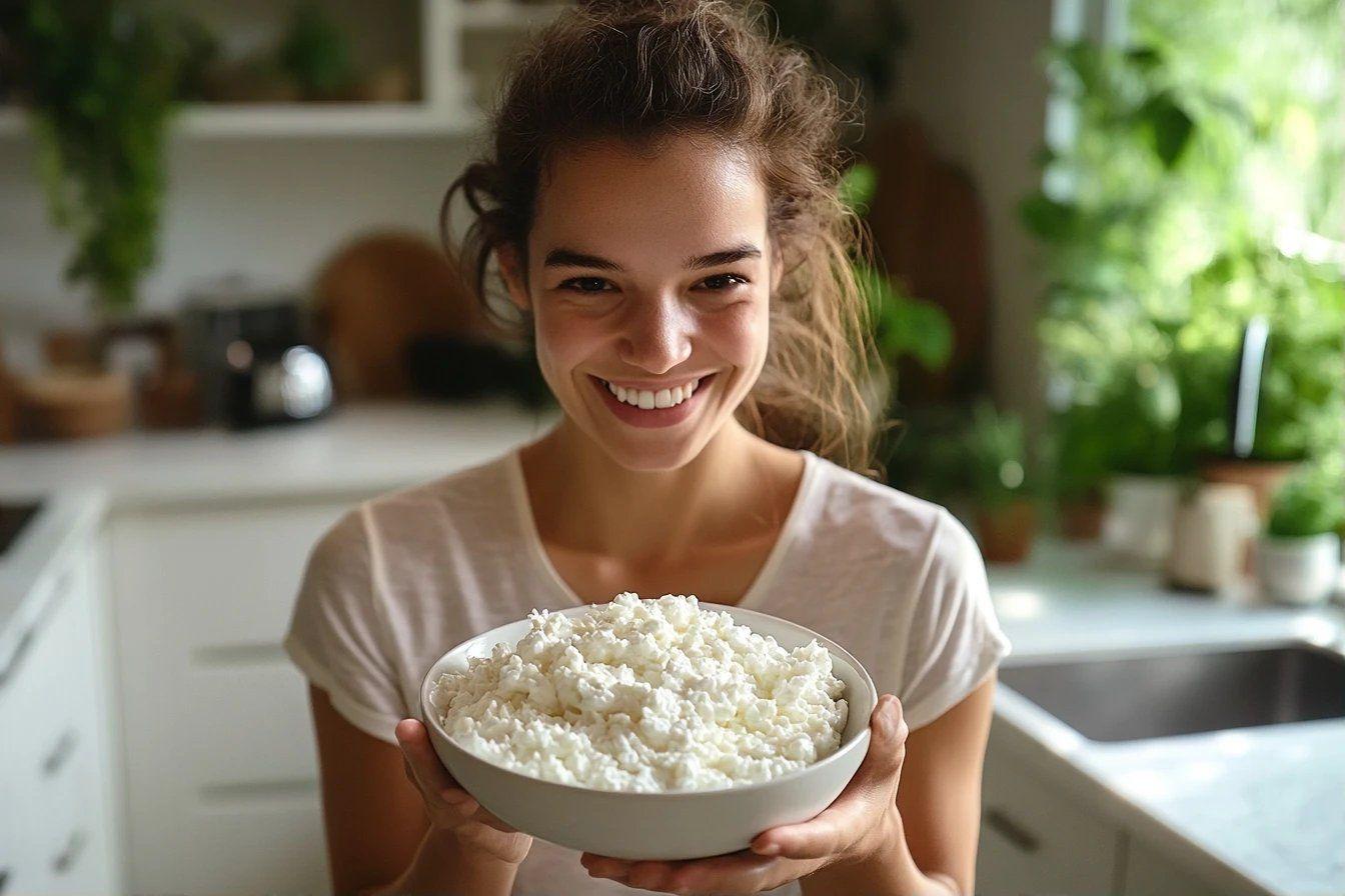 Jeune femme tenant un bol de fromage blanc