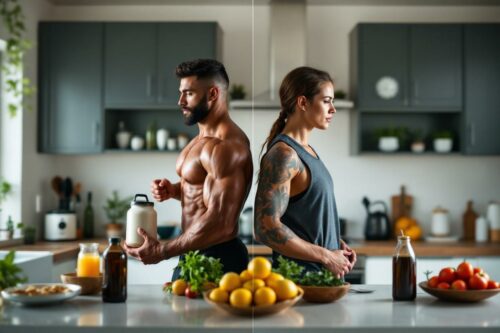 Deux athlètes musclés dans une cuisine moderne avec des aliments frais