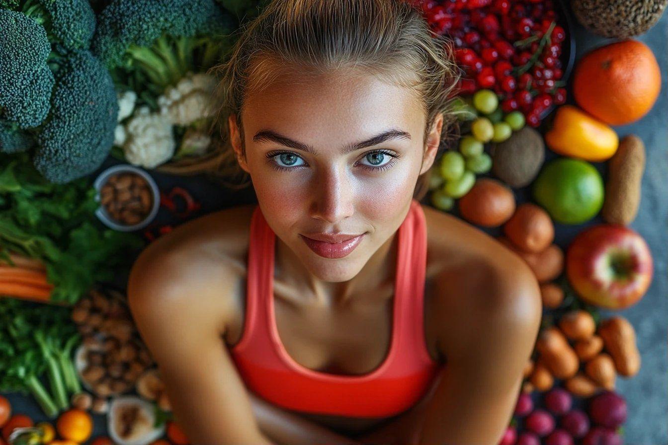 Athlète entourée de fruits et légumes colorés