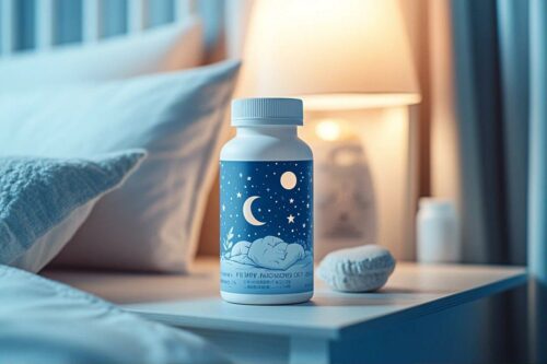 Bouteille de médicaments sur table de chevet avec lune étoilée