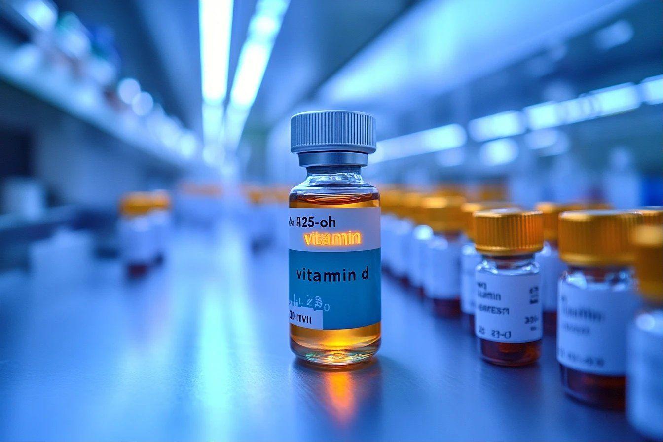 Bouteille de vitamine D sur une surface bleue de laboratoire