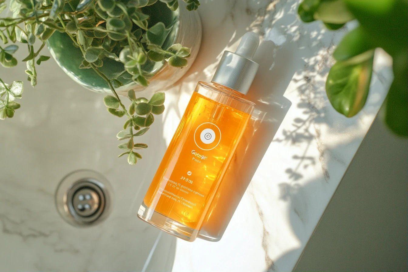 Flacon de produit de soin orange avec plantes vertes