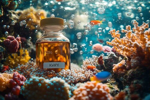 Bouteille dans un récif corallien avec poissons et bulles