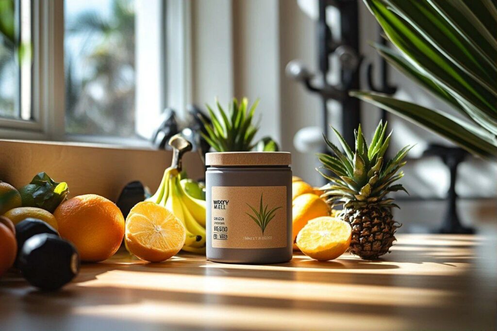Oranges, ananas et bougie près de la fenêtre lumineuse