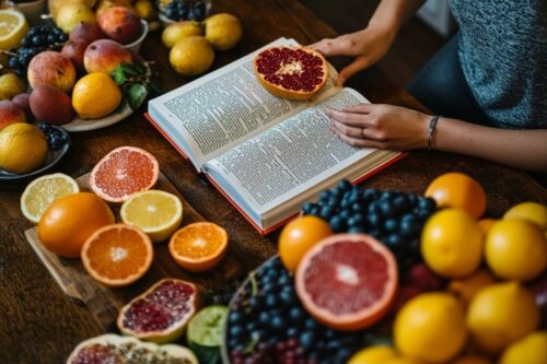 Livre ouvert entouré de fruits colorés et variés