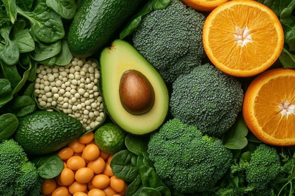 Arrangement de fruits et légumes verts, oranges et blancs